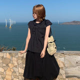 Sweet Doll Collar Plaid Bubble Sleeve Strap With Short-Sleeved Shirt Women's Summer Waist Casual Wind Thin Top