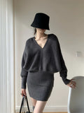 Sweater Suit Women's Autumn And Winter V Collar Languid Wind Relaxed Feeling Bat Sleeve Knitted Blouse Skirt Two-Piece