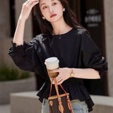 Pure Cotton 2025 Round Neck French Fashion Loose Thin Belly Long-Sleeved Cotton Shirt Female Ocean Coat Elegant