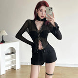 Sexy Strap Yarn Perspective Hottie Long-Sleeved T-Shirt Girl Summer Niche Design Repair Body Dress