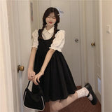 French Princess Dress Suit Bubble Sleeve Temperament Lace Shirt + Back-Sleeve Vest Dress Sweet Two-Piece