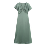 Spring New Silk Hyssin V-Neck Fan Flute Dress 2330399