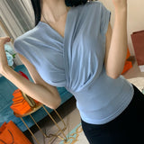 V-Neck Cross-Folds Close Waist Tight Body Slim Sleeveless Top Woman South Korea's New Summer Pure Want To Show Big