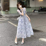 Chiffon Gentle Style French Orange Tnut Dress 2025 Summer Temperament Fairy Super Fairy Waist Square Collar Broken Flower Dress