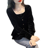 Fat Mm Autumn Blouse French Style Collar Long Sleeve Gold Velvet Shirt Female Lace Splicing Meat Cover Shirt Temperament Elegant