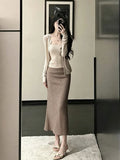Temperament Set Of Ootd Wearing Korean Casual Style Retro Cardigan Sling Half Dress Three-Piece Set 26 Summer