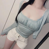 Temperament Repair Body Pure Lust Lace Splicing Sling Sling T-Shirt + Long-Sleeved Sunscreen Shirt Two Sets Of Women