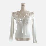 Spring And Summer New Temperament Lace Splicing V-Neck Top Pure Desire To Repair The Body Long Sleeves And Bottom Shirt T-Shirts For Women