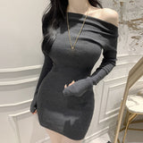 New Two-In-Two-Swear Oblique Shoulder Dress A Word-Word Bag Hip Skirt Short Skirt Tight-Nender Sleeve Bottom Dress Autumn Winter South Korea