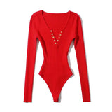 V-Neck Buckle Babes Dress Design Long-Sleeved Sexy Elastic Body Solid-Colored Bottom Shirt