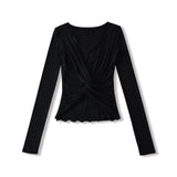 Purely Sexual Low-Breast V-Neck Holiday Two Long-Sleeved T-Shirt Women's Autumn And Winter New Tying Lace Inside The Bottom Shirt