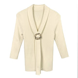 Belt Ribbon Design Seven-Sleeve Top To Slim Thin Knitted Women's Metal Buckle Summer New Short-Sleeved South Korea