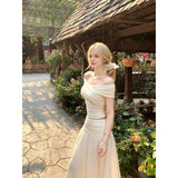 Holiday Pure Long Dress Women's Shoulder Short-Sleeved T-Shirt Summer Two-Set Temperament Design Fashion
