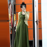 2025 New French Retro Green Hanging Neck Sling Dress Female Summer Temperament Waist Dress