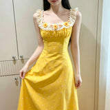 Summer Beautiful Yellow Dress Women French Country Idyllic Little Skirt Holiday Sweet Dress Sleeveless