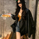Black Retro Locomotive Collar Pu Leather Coat Female Cool Wind 2025 Spring And Autumn New Leather Jacket Top