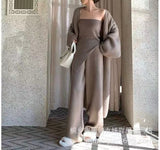 Spring And Autumn Suit 2026 New Sweater Knitted Open Shirt Coat With Chest High Waist Wide Leg Pants Three Sets