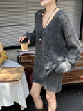Large-Size Gray Knitted Set Of Women's Autumn And Winter New Korean Version Of Loose V-Neck Sweater High-Waisted Half Skirt Two-Set