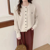 Autumn Knitted Top Casual Slimming Single Row Multi-Buckle Fashion Fake Pocket Knitted Long-Sleeved Shirt Woman