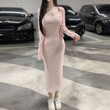 V-Necked Long Dress + Open Fork Outer Set Korea Dongdaemun New Slimmed Dress With A Hip Dress