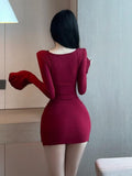 Night Club Sexy Beautiful Ass Long-Sleeved Dress Red U-Neck T-Shirt Dress Pure Desire Horn Sleeves Waist Tight Skirt