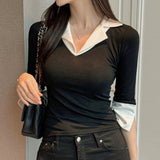 Spring And Summer New Temperament V-Neck Open Forked Seven-Sleeve Shirt Blouse Han T-Shirt To Show Body Bottom T-Shirt Girl
