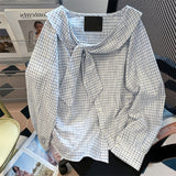 Temperament Navy Tie Plaid Shirt Women's Dress Spring And Autumn Loose Long-Sleeved Shirt Korean Version Of Leisure