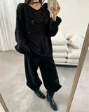 2026 Early Autumn New Oblique Open Shoulder Tie With Hollow Knitted Shirt Girl Lazy Temperament Loose Thin Sweater Hoodie