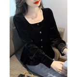 Fat Mm Autumn Blouse French Style Collar Long Sleeve Gold Velvet Shirt Female Lace Splicing Meat Cover Shirt Temperament Elegant