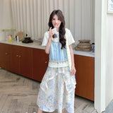 Blue Small Fresh Fake Two Short-Sleeved Shirt Dress Women 2026 Summer Cut-Down Flower Half Skirt Two Sets