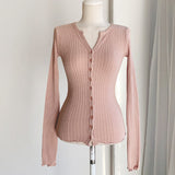 Korean V-Neck Button Knitted Cardigan Long Sleeves Pink Wood Ear Casual Temperament Coat Autumn Coat Dress Girl Body