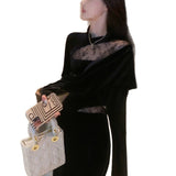 Black Velvet Dress Women Autumn 2025 New French Lace Splicing High-End Banquet Small Dress Dress