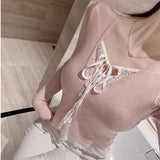 South Korea's Spring And Autumn New Temperament Pure Lust Lace Splicing Top Match Two Long-Sleeved Knitted T-Shirt Girl Ins