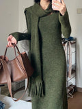 Knitted Dress Women's Autumn And Winter New Low-Circle Collar Temperament To Accept The Waist Of The Lanky Sweater Skirt + Scarf Two Sets