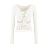 Purely Sexual Low-Breast V-Neck Holiday Two Long-Sleeved T-Shirt Women's Autumn And Winter New Tying Lace Inside The Bottom Shirt