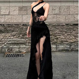 French Fishing Lace Splicing Slinging Dress Women Design Spring Summer New Open Fork Display Thin Dress