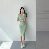 Korean Version Of Autumn Green V-Neck Thin Knitted Dress Short Sleeve Comfortable Slimming High-Waisted Hip Dress