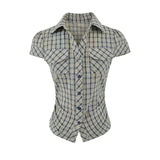 Korean Retro Polo Collar Throum Thin Plaid Shirt Short Temperament Casual Chic Hot Girl Dress Woman