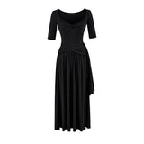 French Temperament Kinesiky Mid-Sleeve Dress Women Summer Waist Splicing Design Pure Luster Collar Ribbon Long Skirt