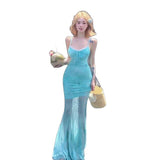 Purple Splicing Lace Sling Dress Women Summer Pure Desire To Repair Fish Tail Long Dress Holiday Waist Mesh Dress
