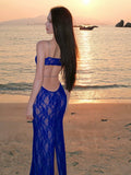 The Royal Sister Wears A Seaside Vacation Retro Blue Lace Temperament Dress Is Particularly Beautiful Threous Beach Dress