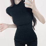 Early Autumn New Slim Slim Top Design Small Femininity Half-High Collar Korean Linen Short-Sleeved T-Shirt