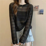 Spring And Autumn 2025 Knitted Shirt Thin Hollow Top Women's Long Sleeves Loose Breathable Coat Grid Simple Match