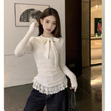 The Bow Under The Hem Lace Splicing Long-Sleeved T-Shirt Girl Spring And Autumn French Pure Lust Style To Put On The Bottom Of The Top