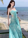 Island Photo Beautiful Green Print Sling Dress Hottie Outing To Wear Bare Side Holiday Lace Dress