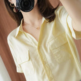 New Leisure Short-Sleeved Shirt Women's Loose Double Pocket Thin Bag Mid-Sleeve V-Neck Shirt Woman In The Summer Of 2025