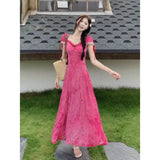 2025 New Light Luxury Feeling Waist Slim Floral Dress Rose Red Especially Beautiful Podle Dress Summer Girl