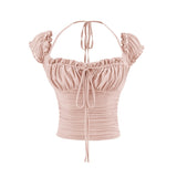 Atmosphere Sense Collar Temperament Hanging Neck Sling T-Shirt Girl Summer Folding Waist Design Sense Of The Word Shoulder Pure Desire Top