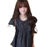 Sweet Doll Collar Plaid Bubble Sleeve Strap With Short-Sleeved Shirt Women's Summer Waist Casual Wind Thin Top