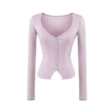 Lyselle V-Neck Button Long-Sleeved T-Shirt Girl Summer Slimming Pure Sexny Chest Bottom Top